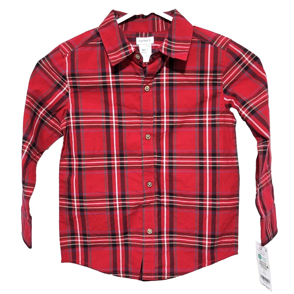 Carter's Button-Down Cotton 5T NWT Boys Christmas Red Plaid Cotton Long Sleeve